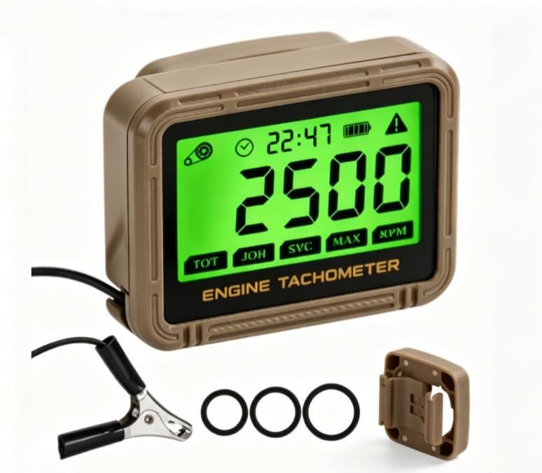 HFWHOK digital small engine tachometer for chainsaws, displaying engine RPM on a compact LCD screen