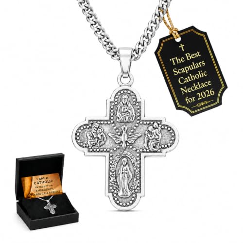 Catholic Four Way Scapular Medal Necklace with Alloy Cross Pendant, 20 Inch Stainless Steel Chain, Emergency Priest ID Card and Gift Box, Sacred Heart, St. Joseph, St. Christopher silver
