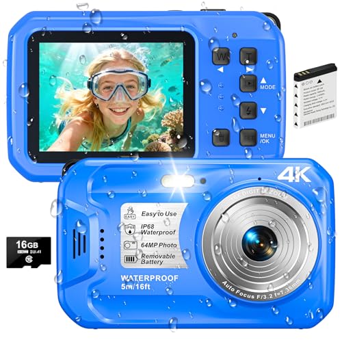 4K Underwater Camera, 64MP 16FT Compact Waterproof Camera with 16GB Card Blue