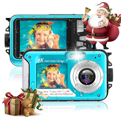 4K 64MP Underwater Camera 16FT Compact Digital Waterproof Camera Floatable Blue