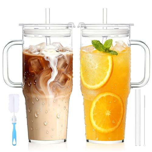Birity 2Pack 40OZ Glass Tumbler with Handle,Glass Cup with Lid and Straw,Reusable Glass Iced Coffee Cup for Beer, Smoothies, Juice,Hot/Cold Drinks-Suitable for Birthday,Wedding 40 oz 2-pack borosilicate