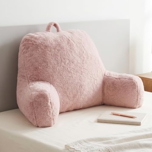 Reading Pillow for Sitting in Bed Adult – Back Support with Arms, Large Bed Rest Cushion for Reading, TV, Gaming, Laptop – Home, Office, Dorm, Pink
