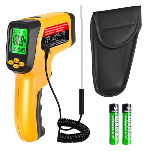 Infrared Thermometer Gun, Dual-Mode with Non-Contact IR & K-Type Thermocouple Probe Meature, -58°F to 1472°F High Accuracy Laser Temperature Gun with Emissivity, Humidity, for Cooking, Industrial Use Yellow