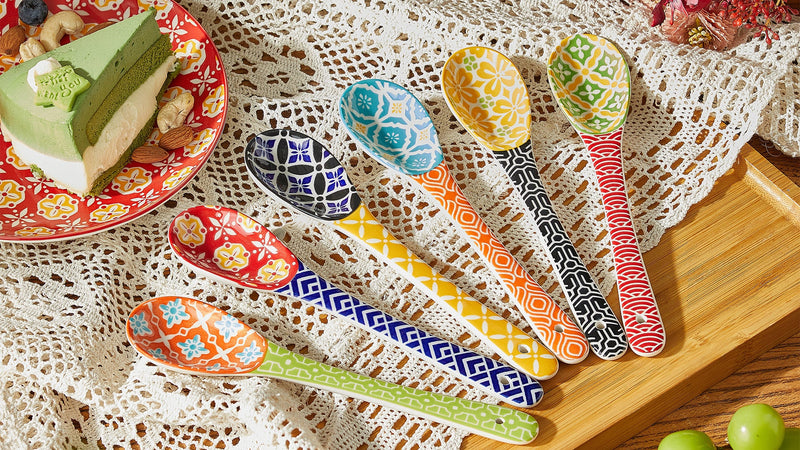 Metahom 8.5" Colorful Long Handle Spoons, Ceramic Serving Spoons Set of 6 Vibrant Color 8.5 inch