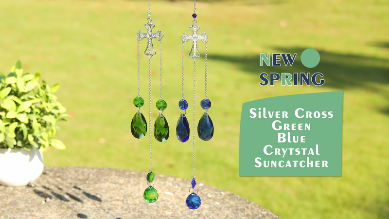 Cross Suncatcher, 16 Inch Blue Green Crystal Sun Catcher, Cross Gift for Religious, Christian Gifts, Easter Faith Home Decor Set of 2