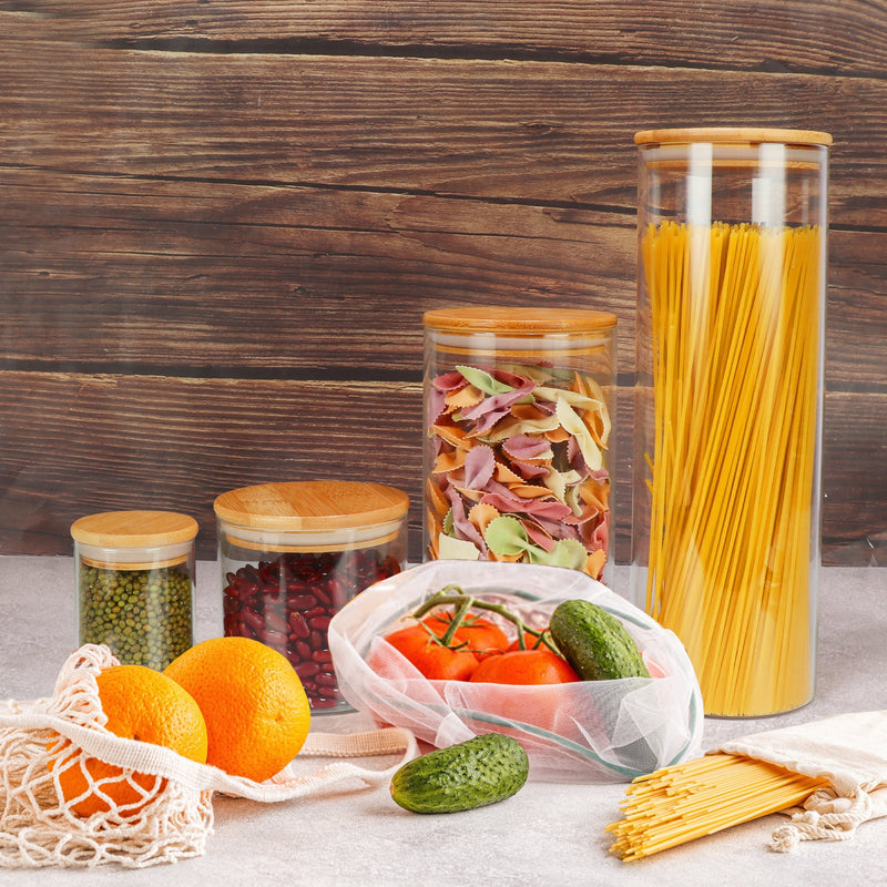 Set of 15 DHSBTLS glass food jars with bamboo lids, 8 oz capacity, perfect for kitchen storage and pantry organization.