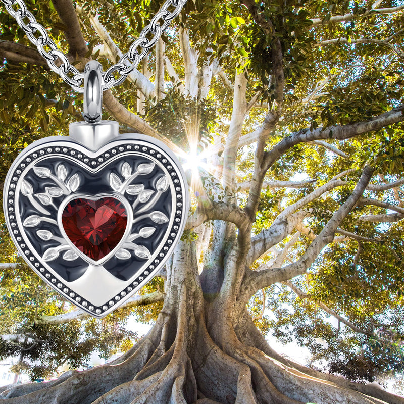 QeenseKc Heart Tree Life Cremation Urn Necklaces for Ashes Big Crystal Memorial Urn Locket Pendant Necklace for Human Pet