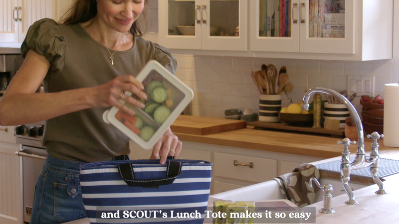 SCOUT Nooner insulated lunch box for women, soft cooler in Nantucket Navy, showing exterior view with zipper and carrying handle.