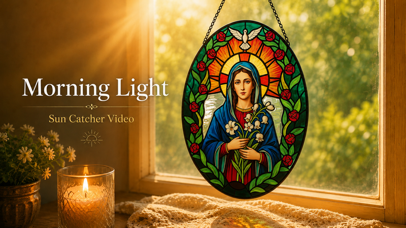 Stained Glass Window Hanging, Virgin Mary Sun Catchers Indoor Window Decor, 8.8 Inch Oval Suncatcher, Christmas Decorations, Christian Gifts for Women, Catholic Gifts for Women