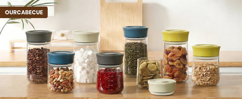 Airtight Glass Storage Jar 16 oz, Easy Open 1/4-Turn Lid Coffee Container Blue+Grey 2PC 16OZ