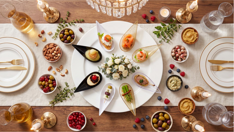 Set of Tessco for you 200 mini appetizer plates in clear with gold glitter, perfect for desserts and small bites.