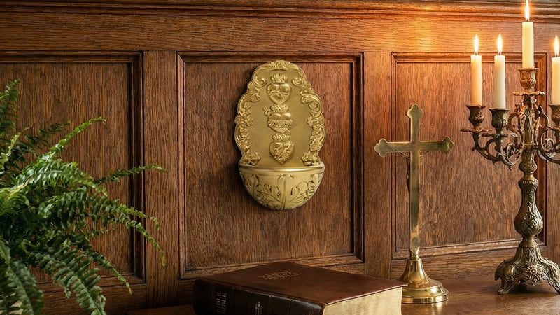 Holy Water Font Sacred Heart Catholic Decor - Holy Water Holder with Lord's Prayer Card Fuente De Agua Bendita for Wall, Altar, Home Entrance Gold