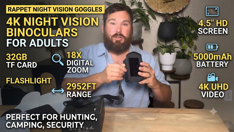 Rappet Night Vision Goggles, 4K Night Vision Binoculars for Adults (4.5" HD Screen/5000mAh Battery/4K UHD VIDEO/2952FT Range/32GB TF Card/18X Digital Zoom/Flashlight) for Hunting, Camping, Black