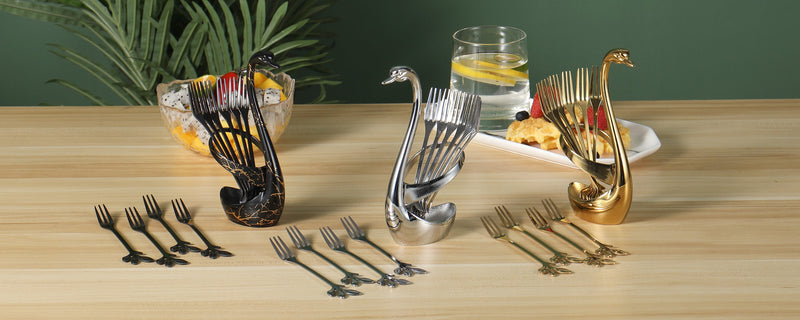 AnSaw Gold Swan Base Holder Set with 10-pcs Mini Leaf Dessert Forks-4.7"