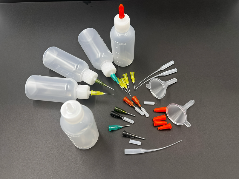 WHFRTNS 50ml translucent needle tip glue squeeze bottles with blunt metal applicator tips in assorted gauges