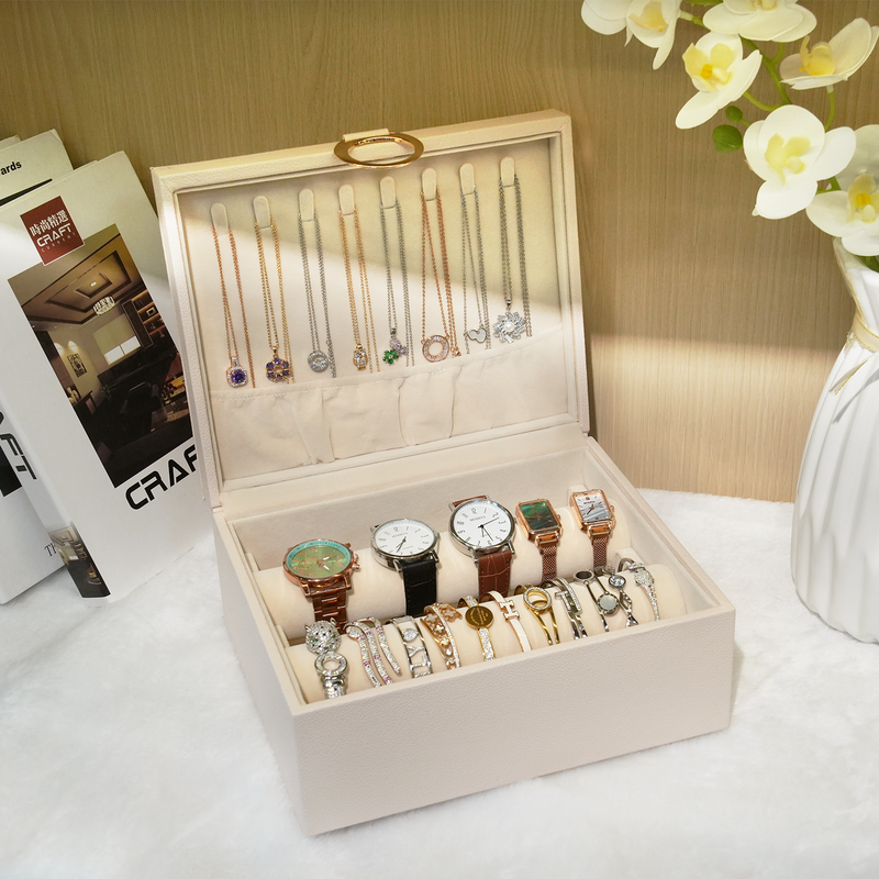 Bracelets Organizer with 2Rods Necklace Hooks for Women Girl Bracelet Display Holder for Watch Bangles PU Leather Jewelry Box Beige