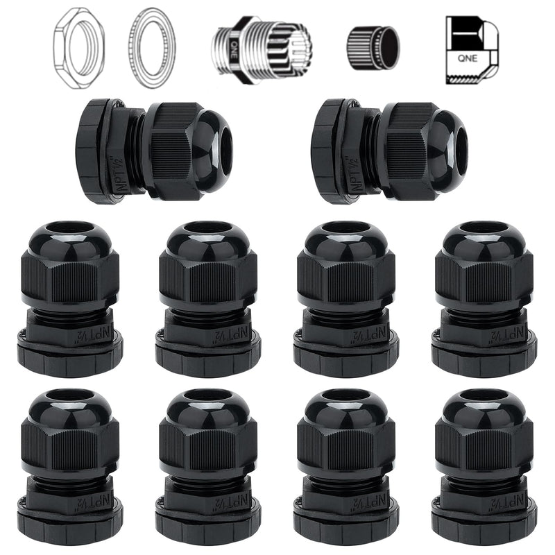 [Australia - AusPower] - 10 Pack Waterproof Cable Gland, NPT 1/2" Thread(6-12mm),Waterproof Strain Relief Cord Connector Grip,Made of PA66 Material NPT 1/2" (10Pcs) Black 