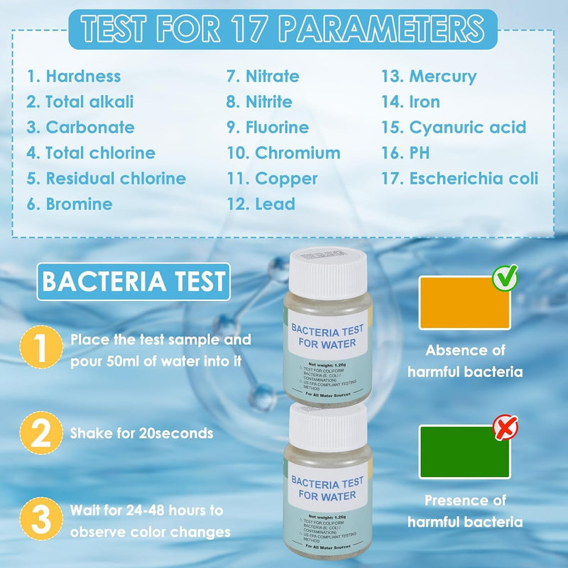 [Australia - AusPower] - Complete Water Testing Kits for Drinking Water 100 Strips + 2 Bacteria Tester Kits 17 in 1 Well, Tap, Drinking Water, City Water Testing Strips (100) 