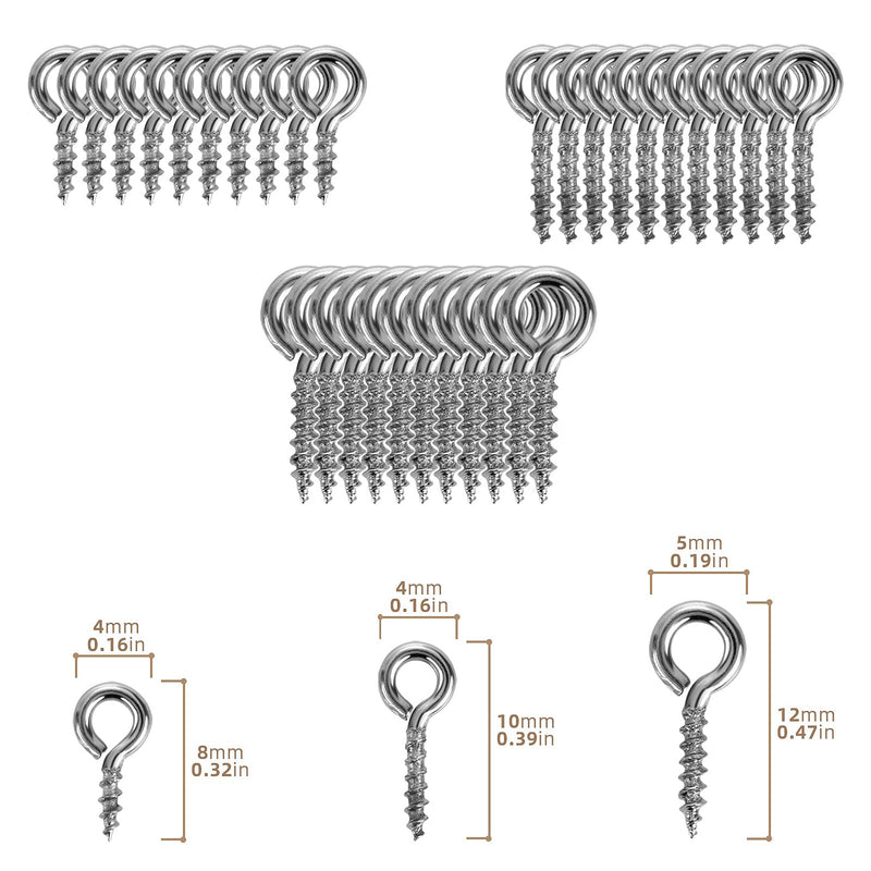 [Australia - AusPower] - 300 Pieces Small Screw Eye Pins 3 Sizes Screw Threaded Eye Pin Hooks Mini Stainless Steel Eyelet Screws Hooks for Jewelry Making DIY Art Craft (0.16 x 0.3 0.16 x 0.4 0.2 x 0.47) Inch 