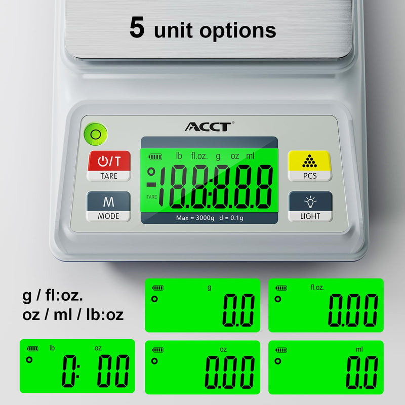 [Australia - AusPower] - Analytical Balance Lab Scale 3000g x 0.1g, Compact Industrial & Laboratory Scale with Tare/Counting Functions, 5 Units, Dual Charging (Battery/USB) - Scientific Scale for Labs & Factories 
