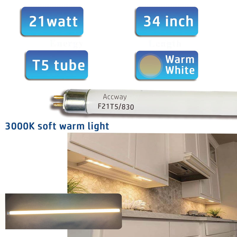 [Australia - AusPower] - (6pack 34inch F21T5/830 Fluorescent Light Bulb, 21Watt Warm White T5 Linear Tube, 34'' F21W/T5 3000K Soft White Lighting, 20000Hour Longevity Performance 