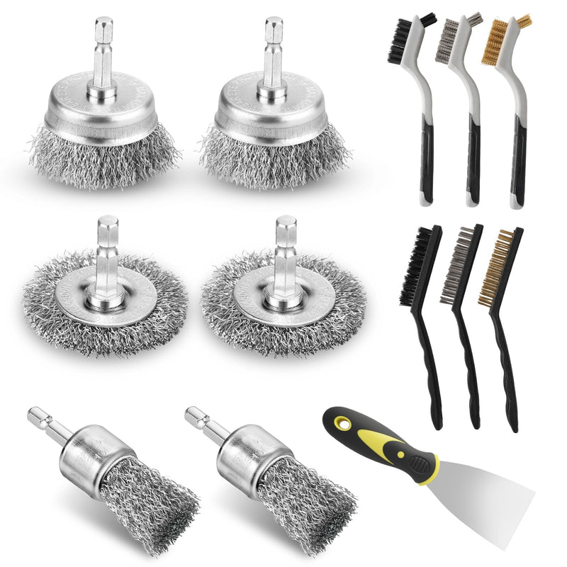 [Australia - AusPower] - 13 Pack Carbon Steel Wire Wheel Brush Set, Wire Brush for Drill, Nylon/Brass/Stainless Steel Bristles Cleaning Supplies Tools Brush for Cleaning Rust, Dirt, Paint Scrubbing, Kitchen, Home 