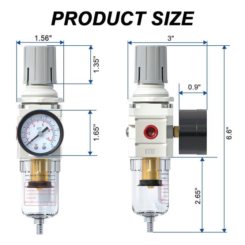 [Australia - AusPower] - 1/4"NPT Air Filter Regulator Combo Piggyback,5 Micron Brass Element, Semi-Auto Drain,Air Pressure Regulator AW2000-02,0-150 psi Gauge 1/4" NPT 