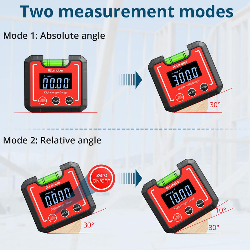 [Australia - AusPower] - Digital Angle Finder Magnetic ±0.1° Accuracy - Professional Woodworking Table Saw Inclinometer with IP52 Protection & Bubble Level Red 