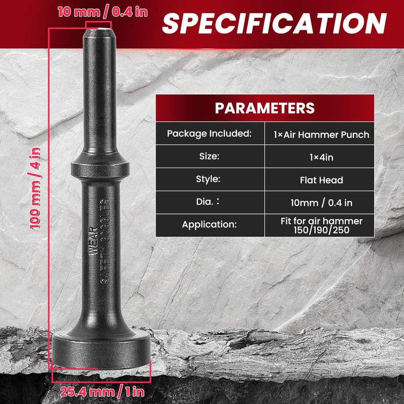 [Australia - AusPower] - 1" x 4" Smoothing Air Hammer Bit, Pneumatic Air Hammer Attachment 0.401'' (10mm) Shank Heavy Duty Air Hammer Chisels, Flat Head punch 1.0 
