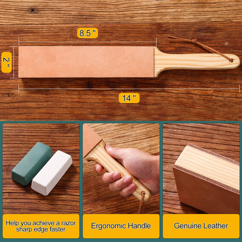 [Australia - AusPower] - Double Side Leather Strop for Knife Sharpening - 14"x 2" Stropping Block Kit with Polishing Compound, Knife Strop with Ergonomic Handle for Honing Knives, Woodworking Chisels 