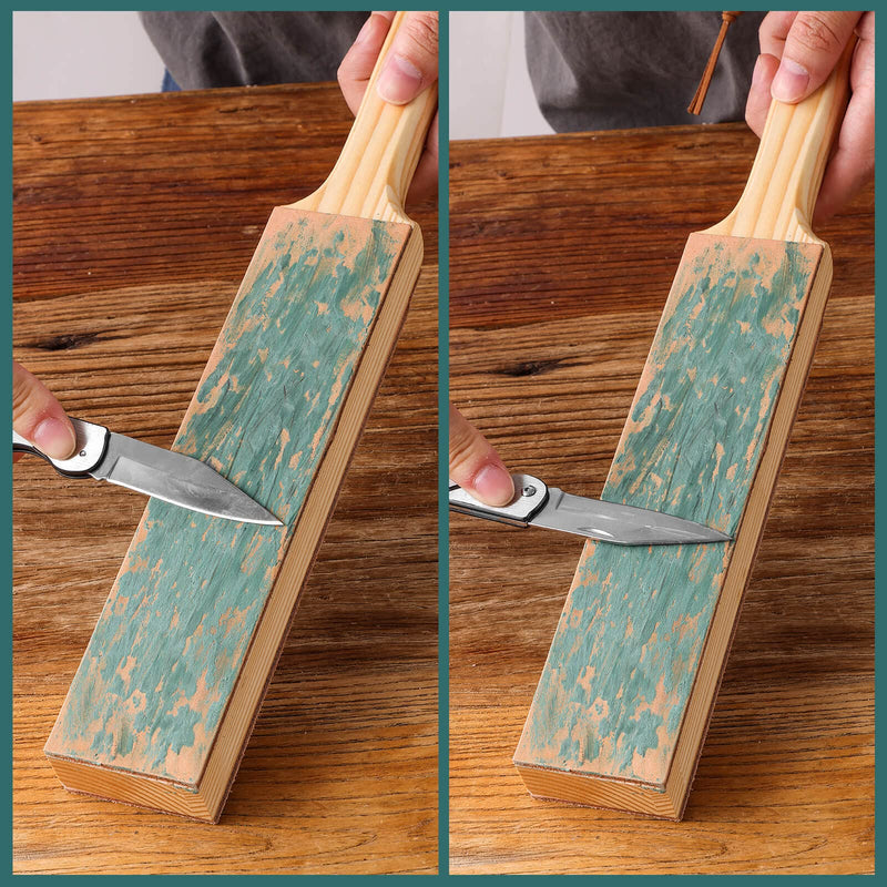 [Australia - AusPower] - Double Side Leather Strop for Knife Sharpening - 14"x 2" Stropping Block Kit with Polishing Compound, Knife Strop with Ergonomic Handle for Honing Knives, Woodworking Chisels 