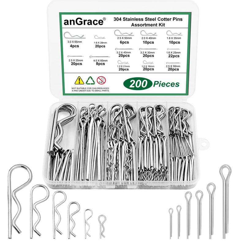 [Australia - AusPower] - 200pcs Cotter Pin Hairpin R Clips Assortment Kit, 304 Stainless Steel 13 Sizes Cotter Pins Set for Hitch Pin Lock Systems, Trucks, and Engine Repair - Includes Hair Pin Clips 
