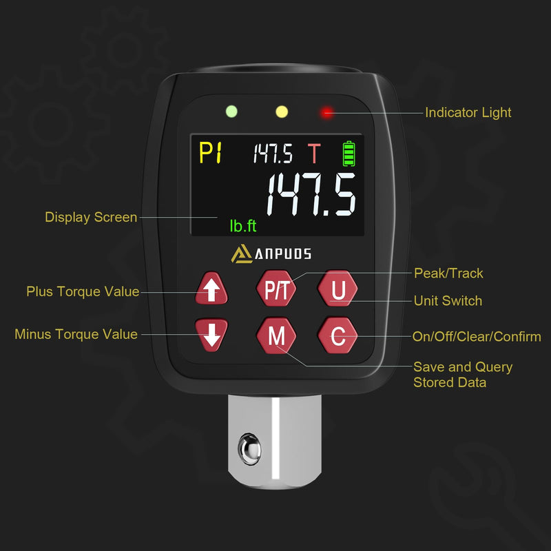 [Australia - AusPower] - 1/2" Digital Torque Adapter, 7.4-147.5 Ft-lb/10-200 Nm, Digital Torque Wrench Converter with ±1% Accuracy, Preset Value, Data Storage, Buzzer & LED Indicators, 3/8'' & 1/4'' Adapters for Car 1/2-Inch 