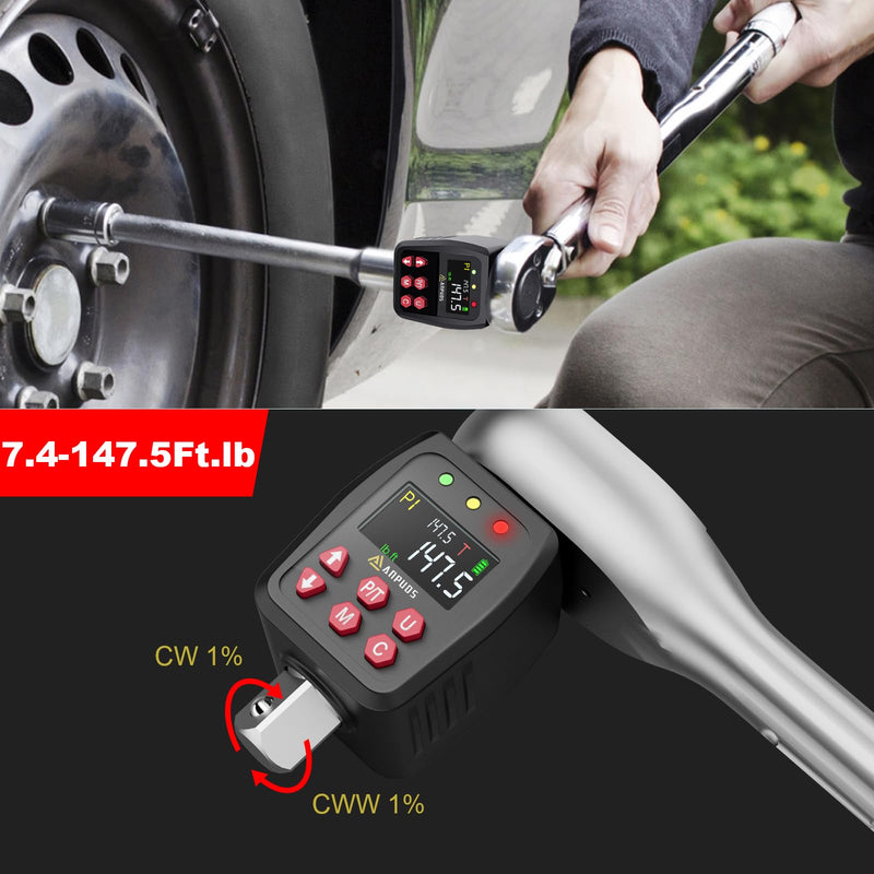 [Australia - AusPower] - 1/2" Digital Torque Adapter, 7.4-147.5 Ft-lb/10-200 Nm, Digital Torque Wrench Converter with ±1% Accuracy, Preset Value, Data Storage, Buzzer & LED Indicators, 3/8'' & 1/4'' Adapters for Car 1/2-Inch 