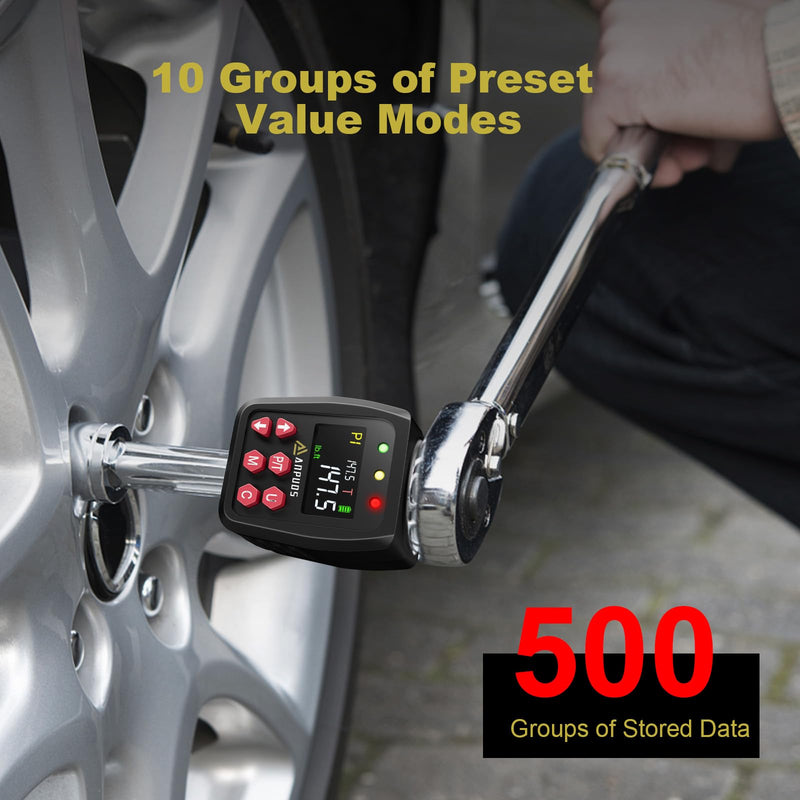 [Australia - AusPower] - 1/2" Digital Torque Adapter, 7.4-147.5 Ft-lb/10-200 Nm, Digital Torque Wrench Converter with ±1% Accuracy, Preset Value, Data Storage, Buzzer & LED Indicators, 3/8'' & 1/4'' Adapters for Car 1/2-Inch 