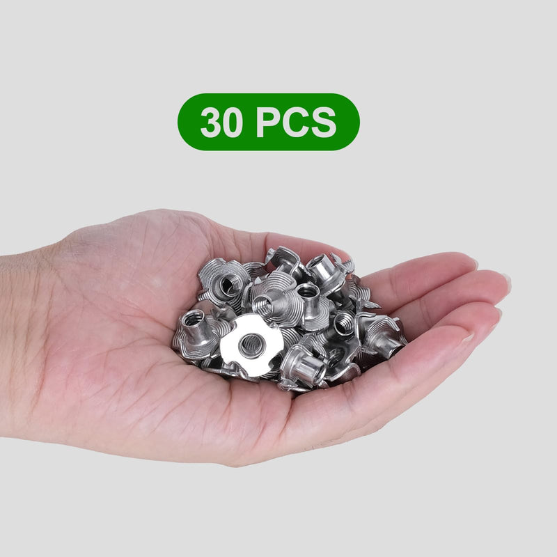 [Australia - AusPower] - T Nuts 1/4"-20 30Pcs 304 Stainless Steel Four-jaw Tee Nuts for Wood,Rock Climbing Holds, Cabinetry Furniture Threaded Insertion silver 