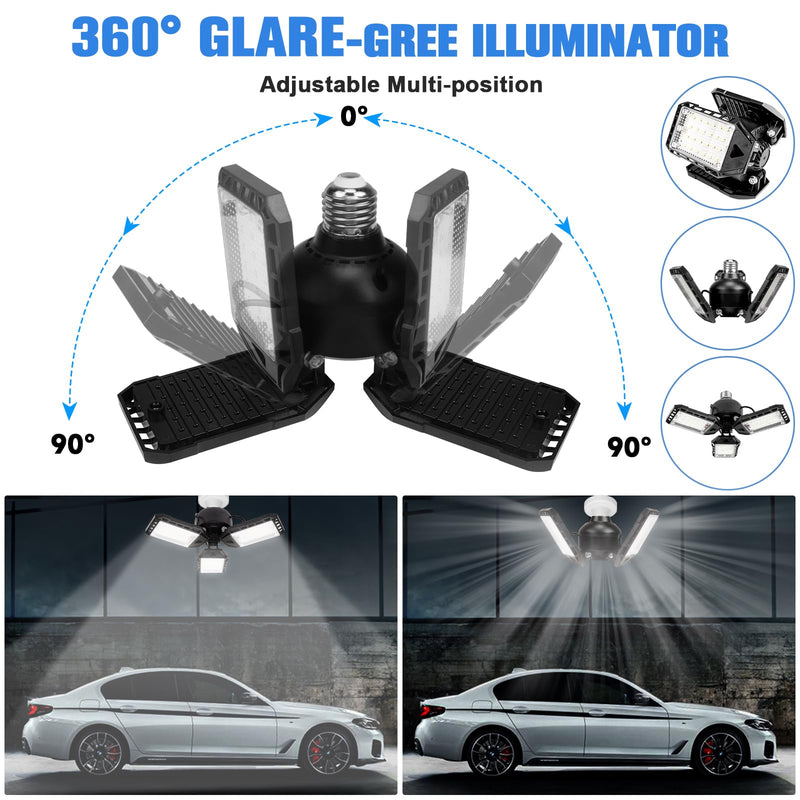 [Australia - AusPower] - LED Garage Lights Bulb 2 Pack -80W, 8000LM 6500K Led Shop Light with 3 Deformable Panels, Basement Barn Light Garage Ceiling Lights, E26/E27 for Garage, Warehouse, Shop, Basement 