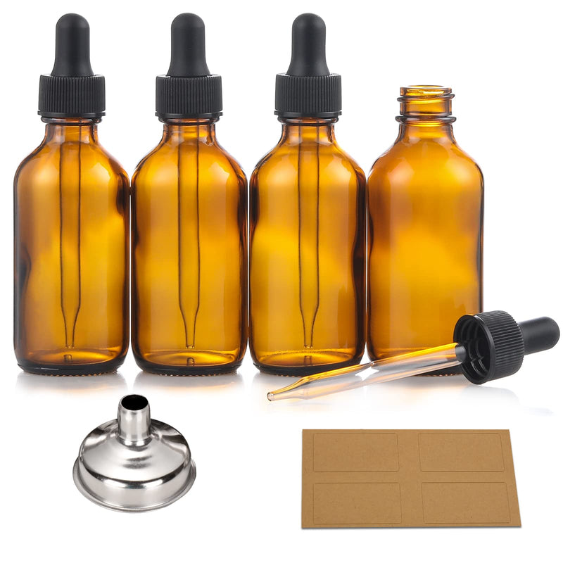 [Australia - AusPower] - AOZITA 4 Pack, 2 oz Dropper Bottles with 1 Funnel & 4 Labels - 60ml Thick Dark Amber Glass Tincture Bottles with Eye Droppers - Leakproof Essential Oils Bottles Blank Dropper 