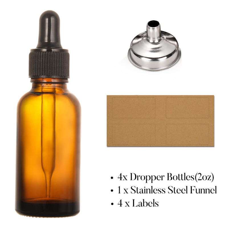 [Australia - AusPower] - AOZITA 4 Pack, 2 oz Dropper Bottles with 1 Funnel & 4 Labels - 60ml Thick Dark Amber Glass Tincture Bottles with Eye Droppers - Leakproof Essential Oils Bottles Blank Dropper 