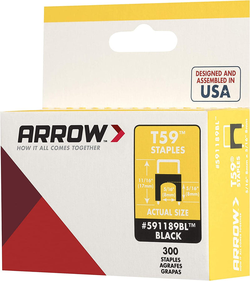 [Australia - AusPower] - Arrow 591189BLSS Genuine T59 Stainless Steel 5/16-Inch Leg Length by 5/16-Inch Crown Width Insulated Staples for Cable and Wiring, Black, 300 Count Hardware Staple 