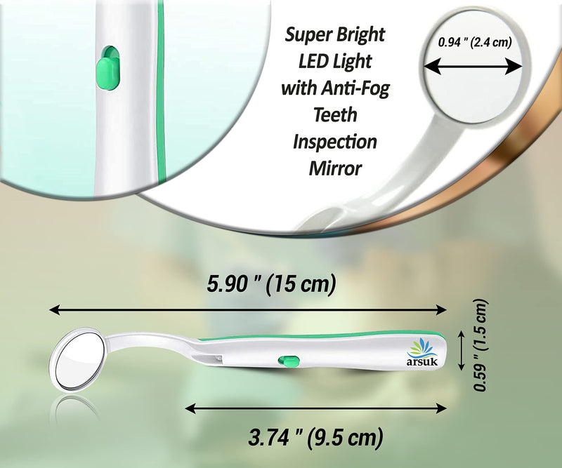 [Australia - AusPower] - ARSUK Dental Mirror with Light Anti-Fog, Teeth Inspection Dentist LED Mirror, Mouth Oral Care, 5.90 inches (15cm) Blue & Green Pack of 2 