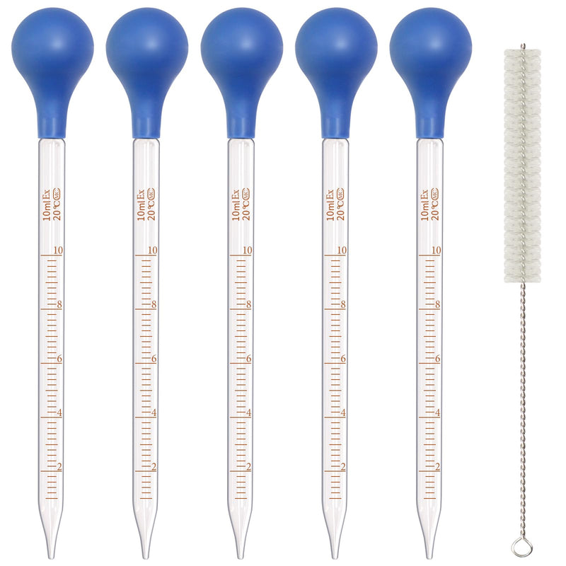 [Australia - AusPower] - 5 Pack 10ml Glass Pipette Dropper Lab Graduated Dropper Glass Liquid Pipette with 1 Pc Cleaning Brush for Liquid Essential Oil, Lab Dropper Pipettes Transfer with Rubber Cap 