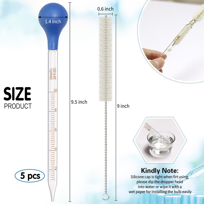 [Australia - AusPower] - 5 Pack 10ml Glass Pipette Dropper Lab Graduated Dropper Glass Liquid Pipette with 1 Pc Cleaning Brush for Liquid Essential Oil, Lab Dropper Pipettes Transfer with Rubber Cap 