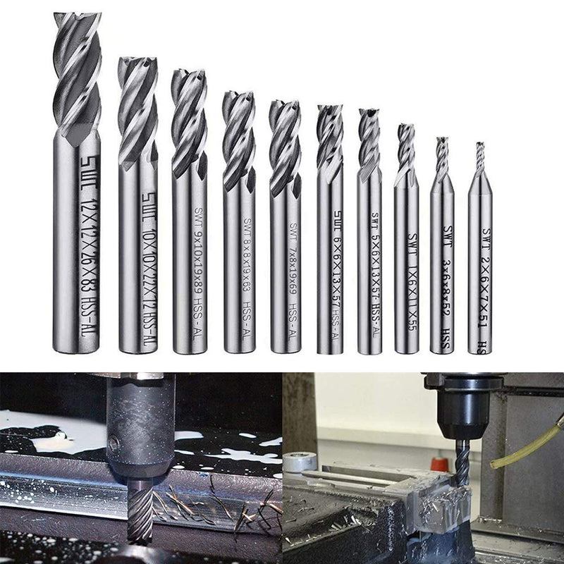 [Australia - AusPower] - ASNOMY 10pcs 4-Flute End Mill Set, Metric CNC Milling Cutter Drill Bits Router Bits Cutter Tool Set for Wood Aluminum Steel Titanium, Straight Shank 2-12mm 10Pcs 2-12mm 