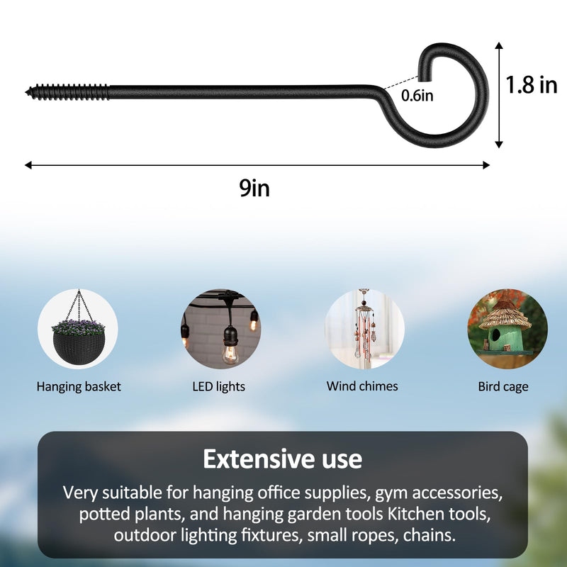 [Australia - AusPower] - Screw Hooks for Hanging 9in,10Pcs Long Crew-in Hooks,Ceiling Hooks for Christmas Lights and Curtain Hooks,Kitchen Hooks,Plants Hanger Outdoor/Indoor Hooks Black 10Pcs Black 