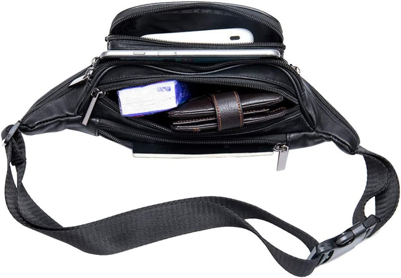 [Australia - AusPower] - Fanny Pack Waist Bag Multifunction Genuine Leather Hip Bum Bag Travel Pouch for Men and Women- Multiple Pockets & Sturdy Zippers Ideal for Hiking Running And Cycling Black 