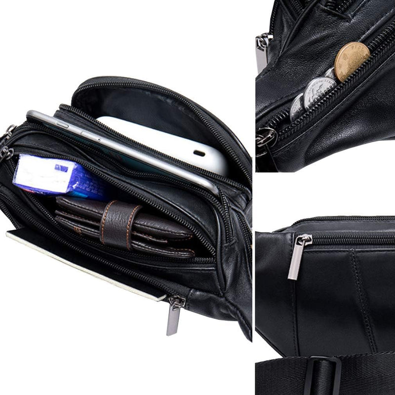 [Australia - AusPower] - Fanny Pack Waist Bag Multifunction Genuine Leather Hip Bum Bag Travel Pouch for Men and Women- Multiple Pockets & Sturdy Zippers Ideal for Hiking Running And Cycling Black 