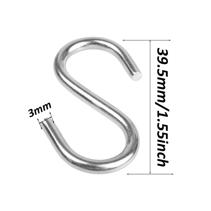 [Australia - AusPower] - 32PCS 1-1/2 Inch 304 Stainless Steel S Hooks, Heavy Duty M3 Hanging Hooks Mini S Shaped Hangers, Curtain Hanging Connectors S Shaped Utility Hooks 1.55inch 