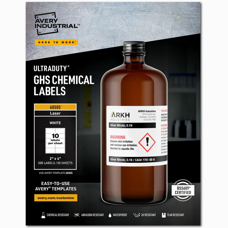 [Australia - AusPower] - Avery UltraDuty GHS Chemical Labels for Laser Printers, Waterproof, UV Resistant, 2 x 4, 500 Pack (60505) 1 Pack 