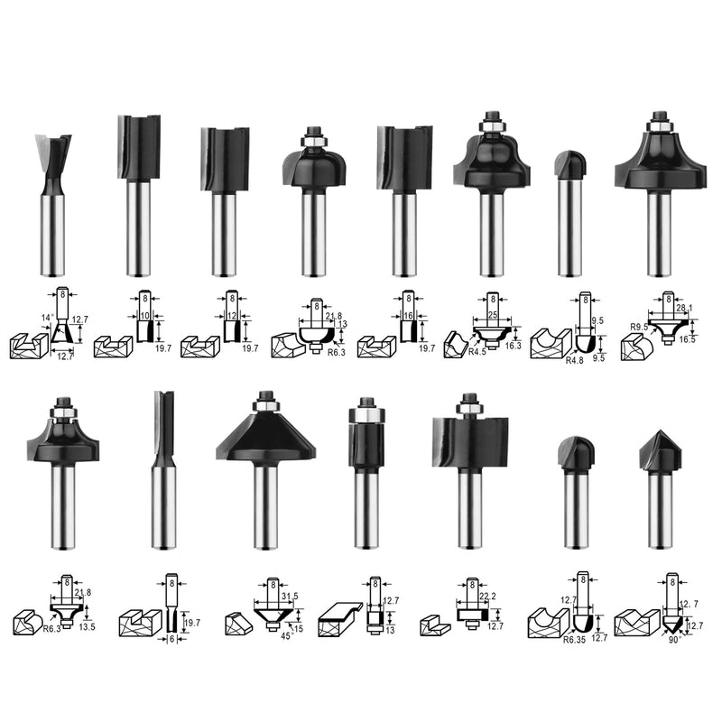 [Australia - AusPower] - BAIDETS Pro 15-Piece Milling Cutter Set for Wood - Carbide Cutter Set, Accessories Router with 8 mm Shank 15 tlg. 8mm-Schaft 